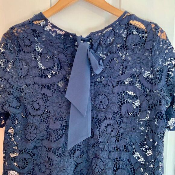 Nanette Lepore Navy Blue Lace Overlay Short Sleeve Top Large - Picture 7 of 11